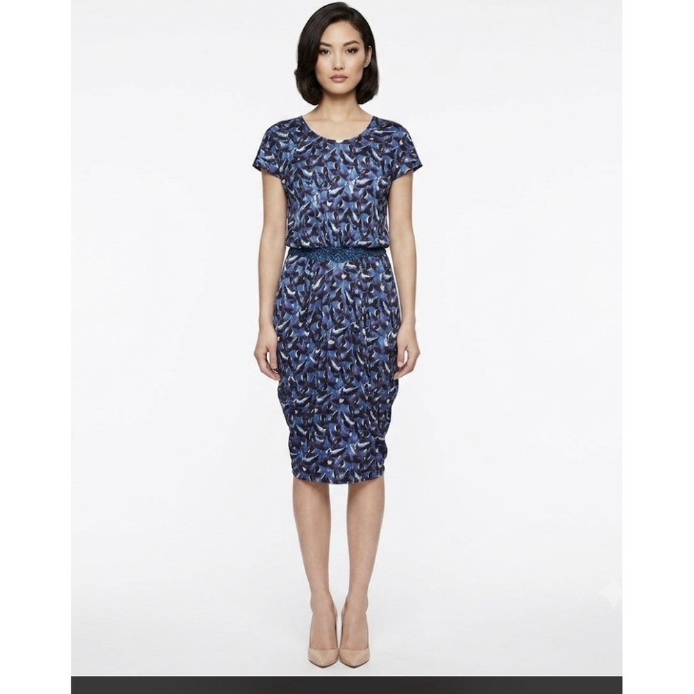Saloni Womens Short Sleeve Ruched Dress US Size 8 Blue Print Midi Back Keyhole C